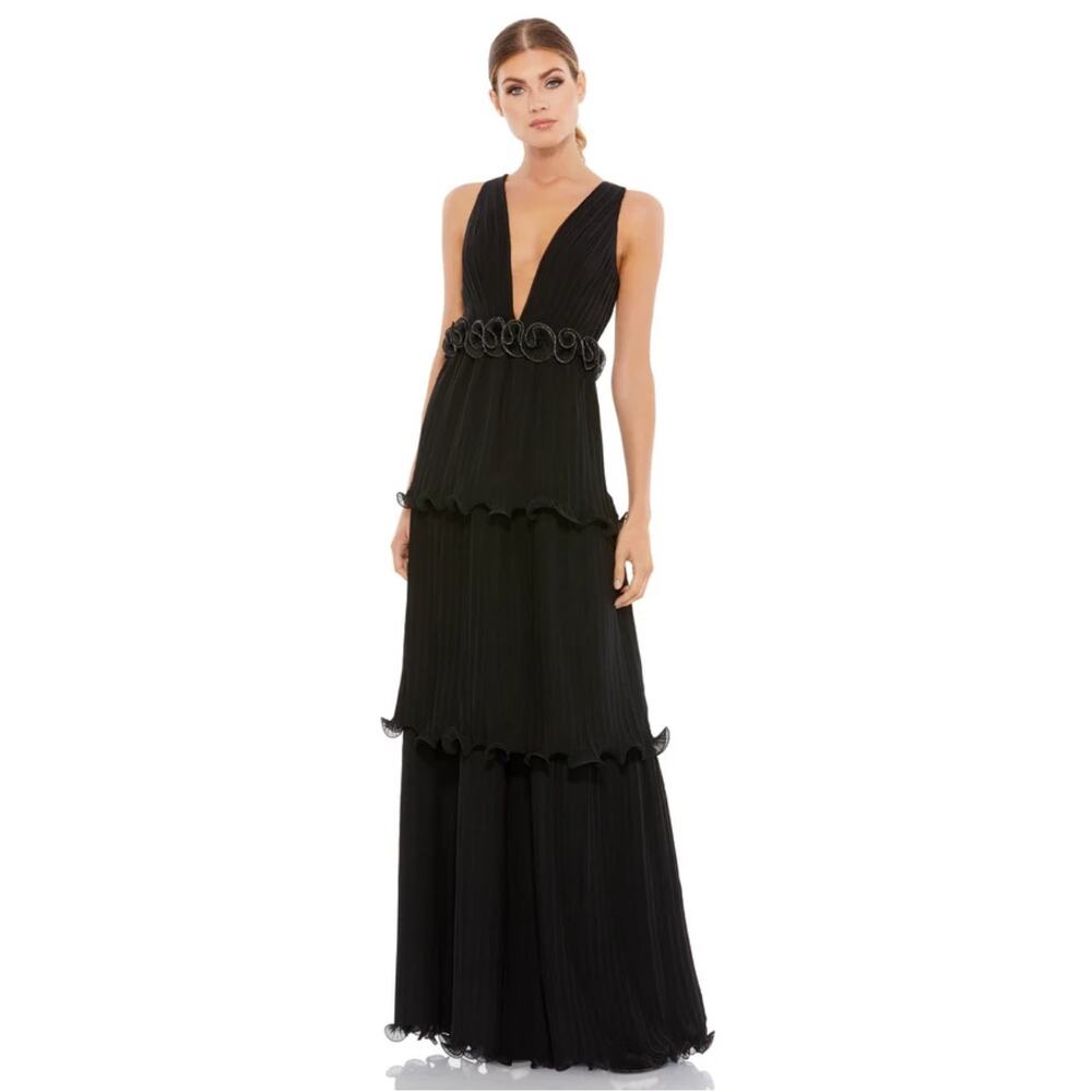 Ieena for Mac Duggal 49281 - Rosette Trimmed Waist Gown Black Size 10 NWT